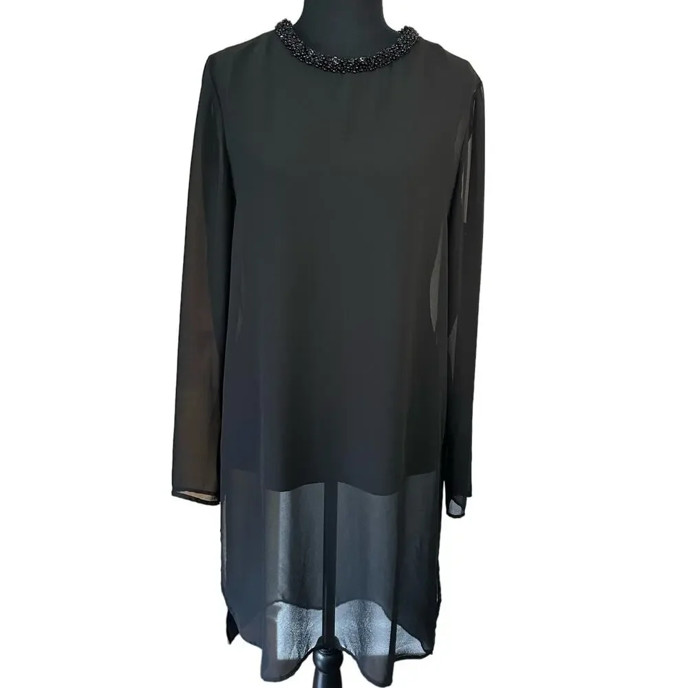Gianni Bini Sheer Overlay Beaded Black Cocktail Dress Size M